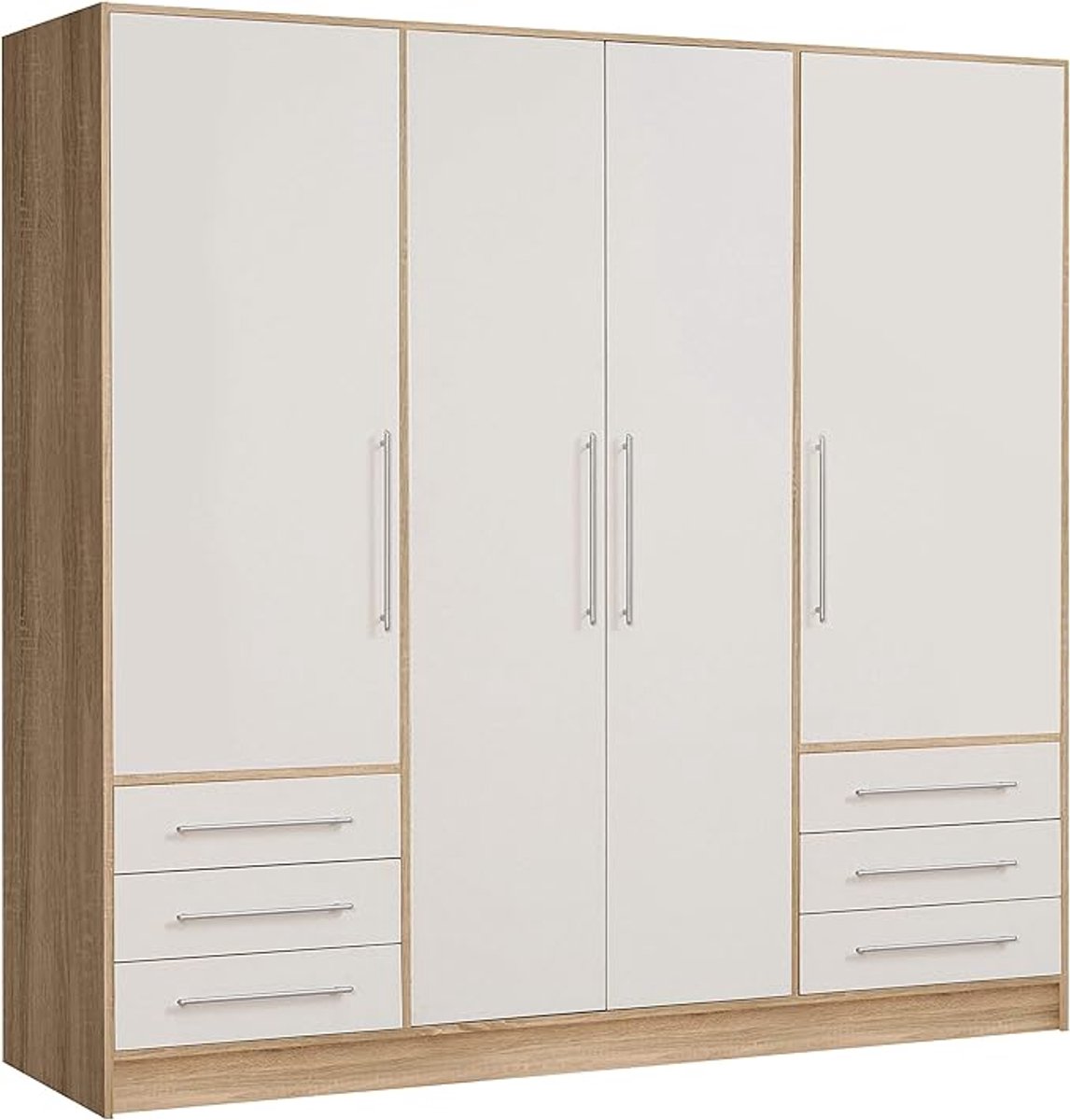 Kledingkast 200 x 206,5 x 60 cm – 3 Deuren – 3 Laden – Sonoma Eiken/Wit – Met Kledingstang en Legplanken – Moderne Opbergkast Slaapkamer – Abkantoor