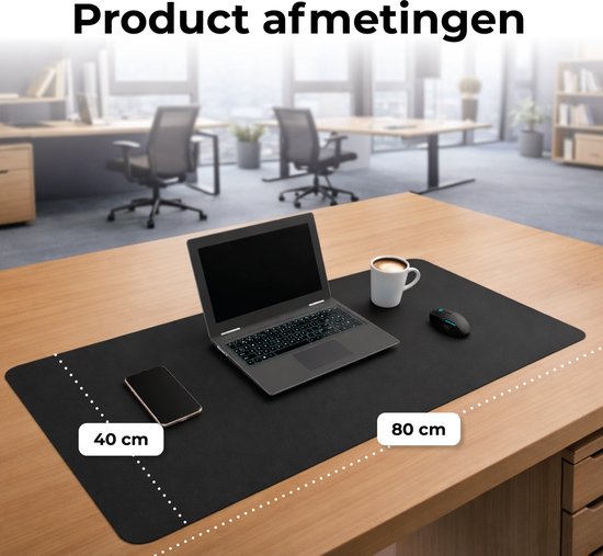 WURK Professionele Bureau Onderlegger Kunstleer – Bureau Organizer – Bureaumat – Bureau Accessoires – Muismat XXL– Inclusief Kabel Clip – 80x40 – Zwart