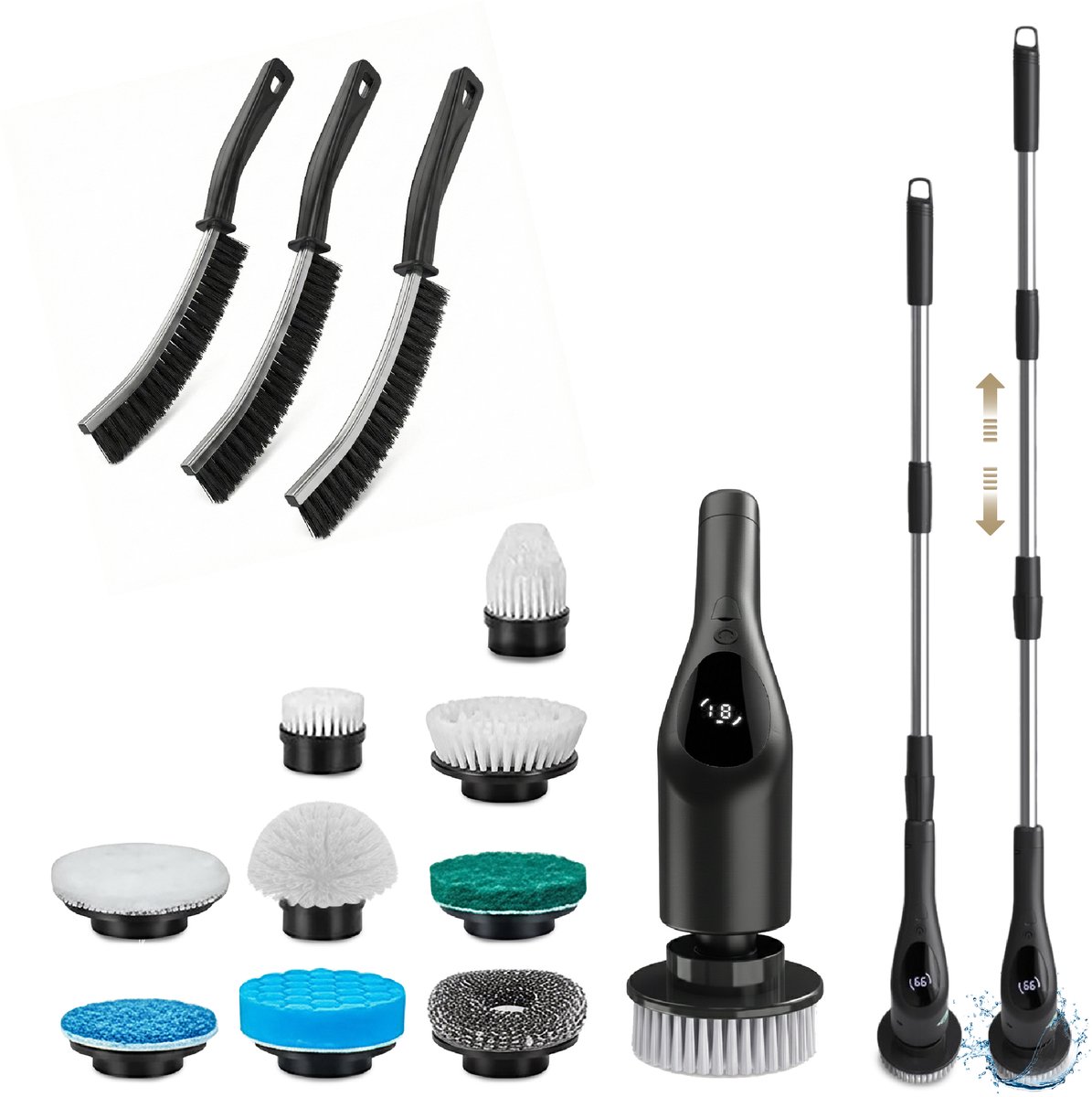 Vapore Elektrische Schoonmaakborstel - 14 Opzetstukken + Voegborstelset - 421 RPM Motor - 3 Snelheden - 118cm Uitschuifbare Steel - 3M Wandhouder - Poetsmachine - Schrobborstel - Voor Badkamer & Keuken