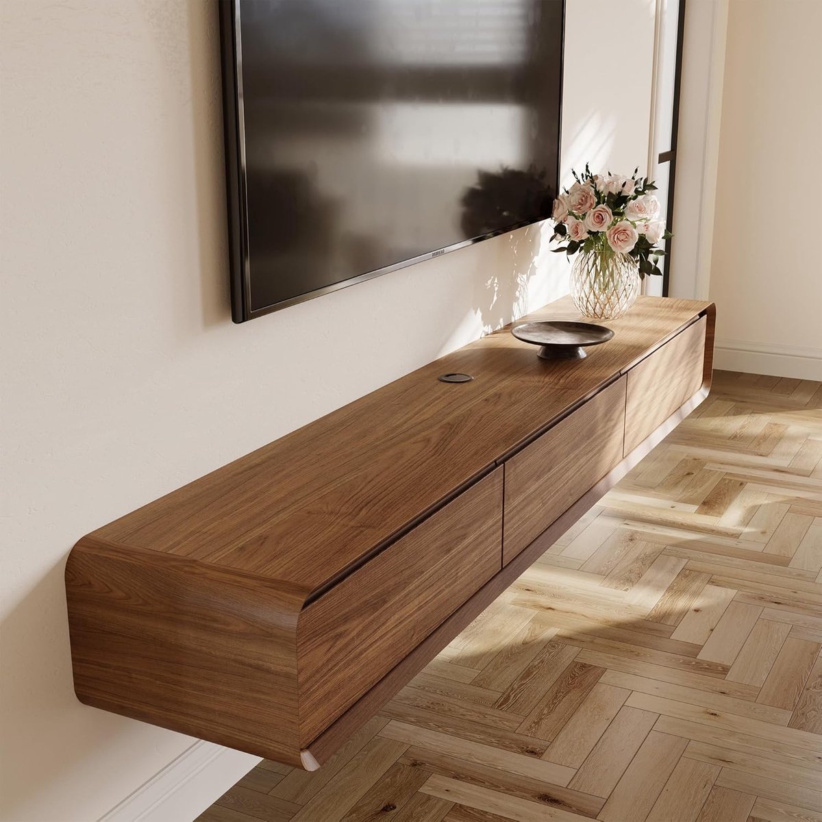 TV-meubel zwevend 180 cm modern walnoothout – 3 laden, opbergruimte & kabelmanagement – stijlvol en duurzaam woonkamermeubel – Abkantoor
