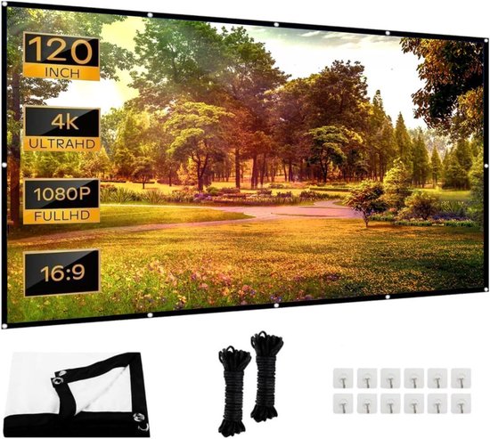 TOWOND Projectiescherm en standaard, 120 inch draagbaar projectiescherm voor binnen en buiten, projectiescherm 16:9, 4K HD, kreukvrij, lichtgewicht filmscherm met draagtas voor filmavond in de