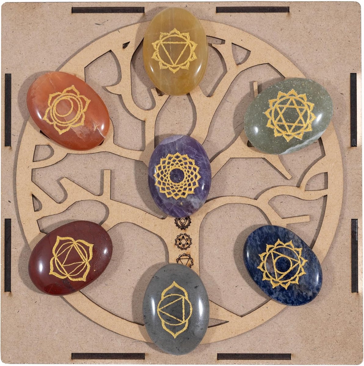 Set van 7 Chakra Kristallen met Gegraveerde Symbolen voor Energie en Spiritualiteit
