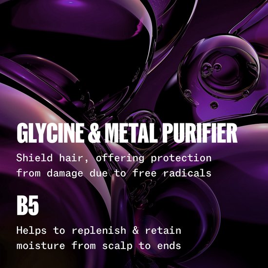 Abstracte paarse vormen met tekst over Glycine & Metal Purifier en B5.