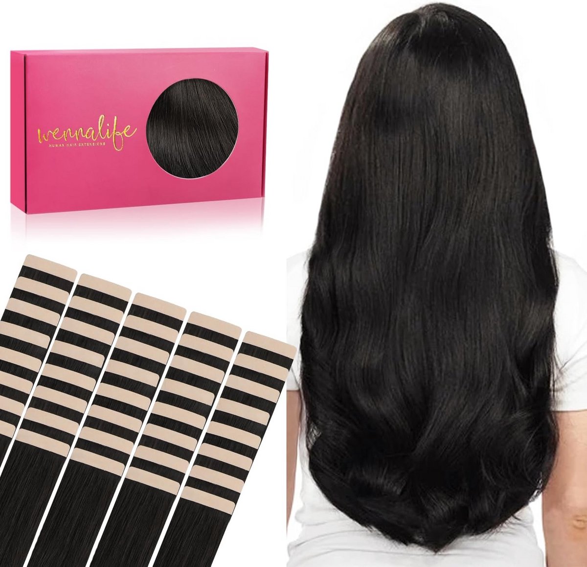 Tape-in Haarverlenging 45 cm - Echt Menselijk Haar - Natuurlijk Zwart - 40 Stuks