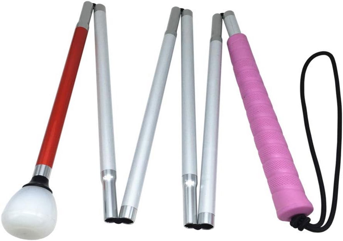 Inklapbare Blindenstok van Aluminium, 6 Delen, Wit met Roller