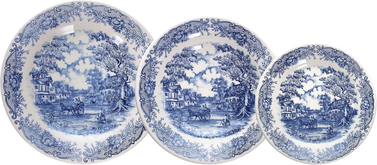 18-delig Aardewerk Borden Set voor 6 Personen - Wit en Blauw Servies
