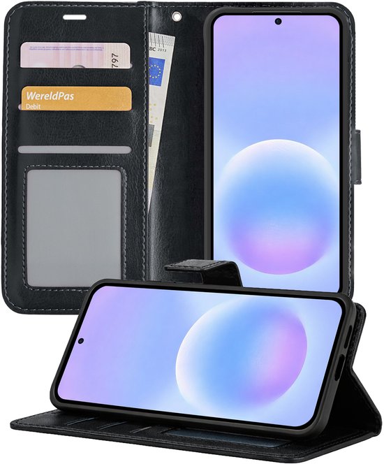 Étui portefeuille noir avec fentes pour cartes et argent, avec téléphone inséré.