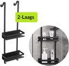 Zwart 2-laags doucherek, hangend aan de douchewand, met haken voor handdoeken.