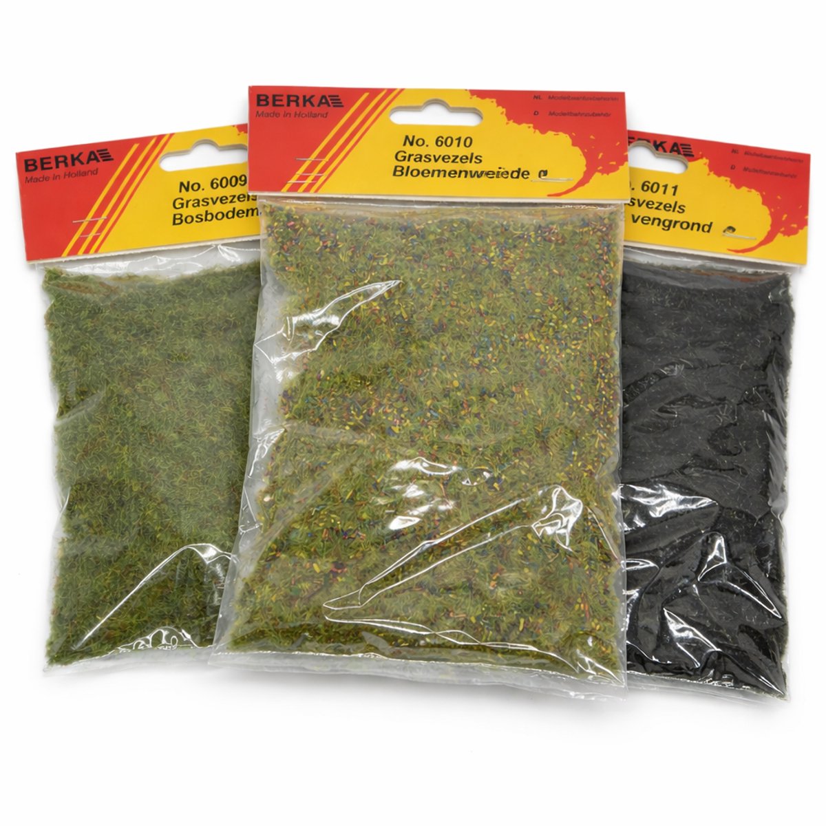BERKA Grasvezels Set – Bosbodem, Bloemenweide & Veengrond – 3 x 20g – Modelbouw Landschapsmateriaal