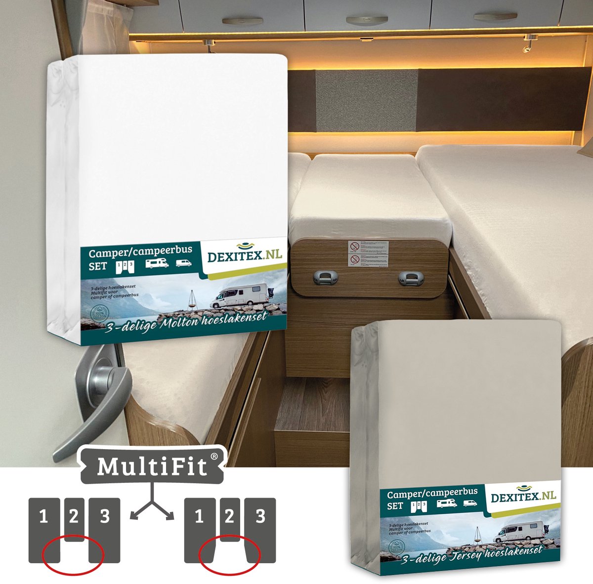 Dexitex 1 x molton 1 x hoeslaken ZANDKLEUR 3-delige sets / Lengte bedden/Enkele bedden / Camper