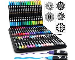 NAPI 72 Acrylstiften Dual Tip - Twinmarkers - Verfstiften Happy Stones - Stenen Schilderen met Acryl Verf Marker Stiften - Volwassenen en Kinderen - Incl. 5 Mandala Sjablonen