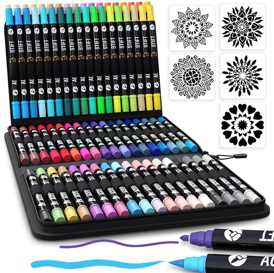 NAPI 72 Acrylstiften Dual Tip - Twinmarkers - Verfstiften Happy Stones - Stenen Schilderen met Acryl Verf Marker Stiften - Volwassenen en Kinderen - Incl. 5 Mandala Sjablonen