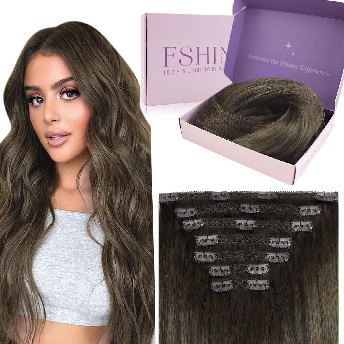 Clip-in Haarverlenging Echt Menselijk Haar 18 Inch Gloed Highlights Set