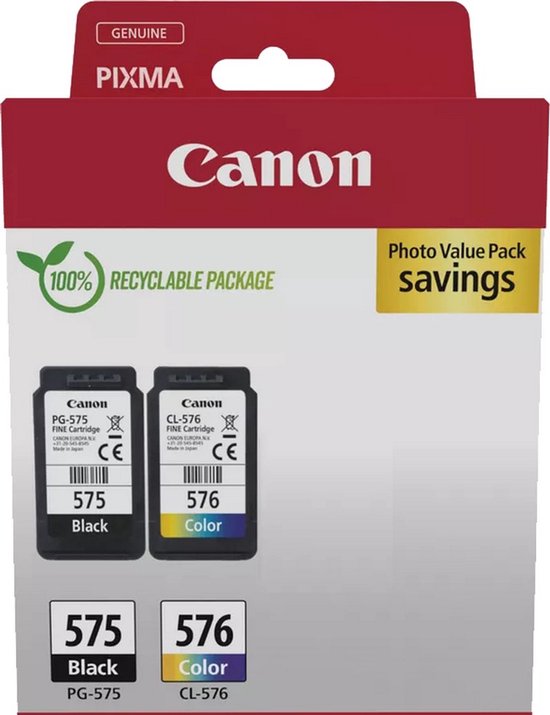 Canon PG-575 Zwart en CL-576 Kleur inktcartridge verpakking, met recycling logo en 'Photo Value Pack'.