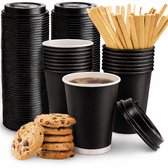 100 x Koffiebeker 8oz 240 ml zwarte + zwarte deksels en Roerstaafjes- wegwerp papieren bekers karton kraft – drank bekers – drinkbekers- koffie beker – wegwerpbeker – Koffiekopjes – Koffiemokken - Warme en Koude Dranken