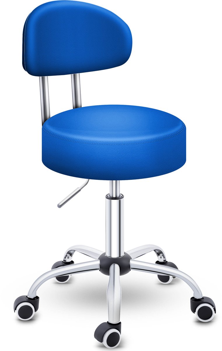 TRESKO® Rolkruk met leuning | Werkkruk in hoogte verstelbaar 47-60 cm | Draaikruk met wieltjes | bureaustoel kruk draaistoel visagiekruk (Blauw)
