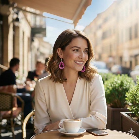 Een lachende vrouw zit buiten aan een tafel met een koffie en draagt grote druppelvormige roze oorbellen.