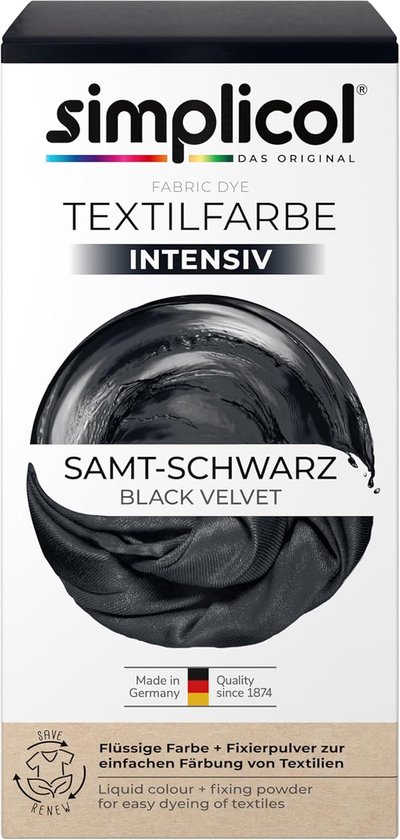 Boîte de teinture textile Simplicol "Samt-Schwarz" (Velours noir), avec un échantillon de tissu noir.
