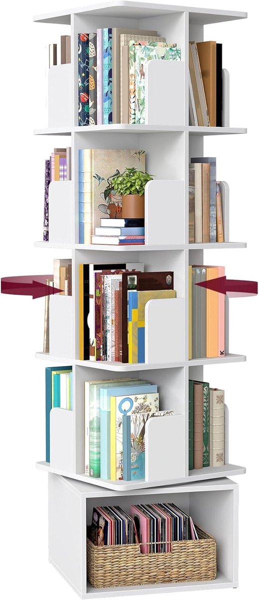 Azomor® Draaibare Boekenkast 5-Laags – 360° Roterend Opbergrek – Vrijstaande Open Vakken – 40 x 40 x 155,8 cm – Wolkenwit
