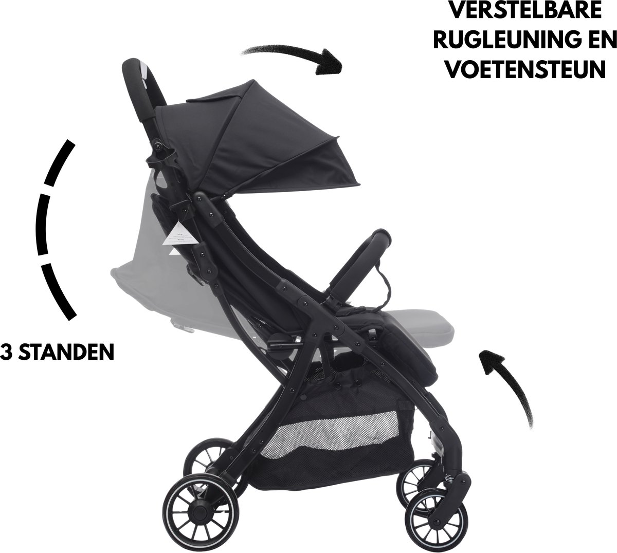Cabino® Buggy Compact PLUS + Makkelijk Inklapbaar - Geschikt Voor Vliegtuig (Handbagage) & tot 22kg Wandelwagen Buggy Met Verstelbare Rugleuning en Grote Boodschappenmand Inclusief Reishoes & Bekerhouder – Zwart – foto 3