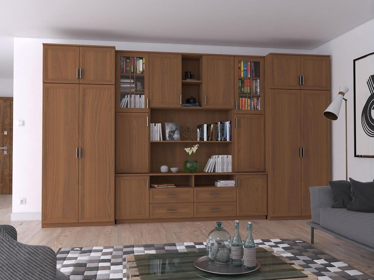 Kledingkast kastwand 390 cm met kledingstang, RTV-nis en onderkasten – robuuste en ruime opbergoplossing in Porto Kersen – 55x390x232 cm – Abkantoor
