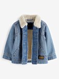 Blauw denim spijkerjack voor kinderen, open met crème borgvoering, met twee zakken.