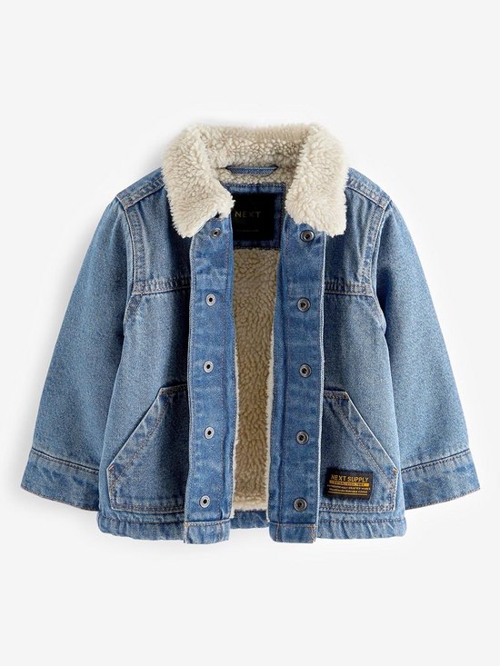 Blauw denim spijkerjack voor kinderen, open met crème borgvoering, met twee zakken.