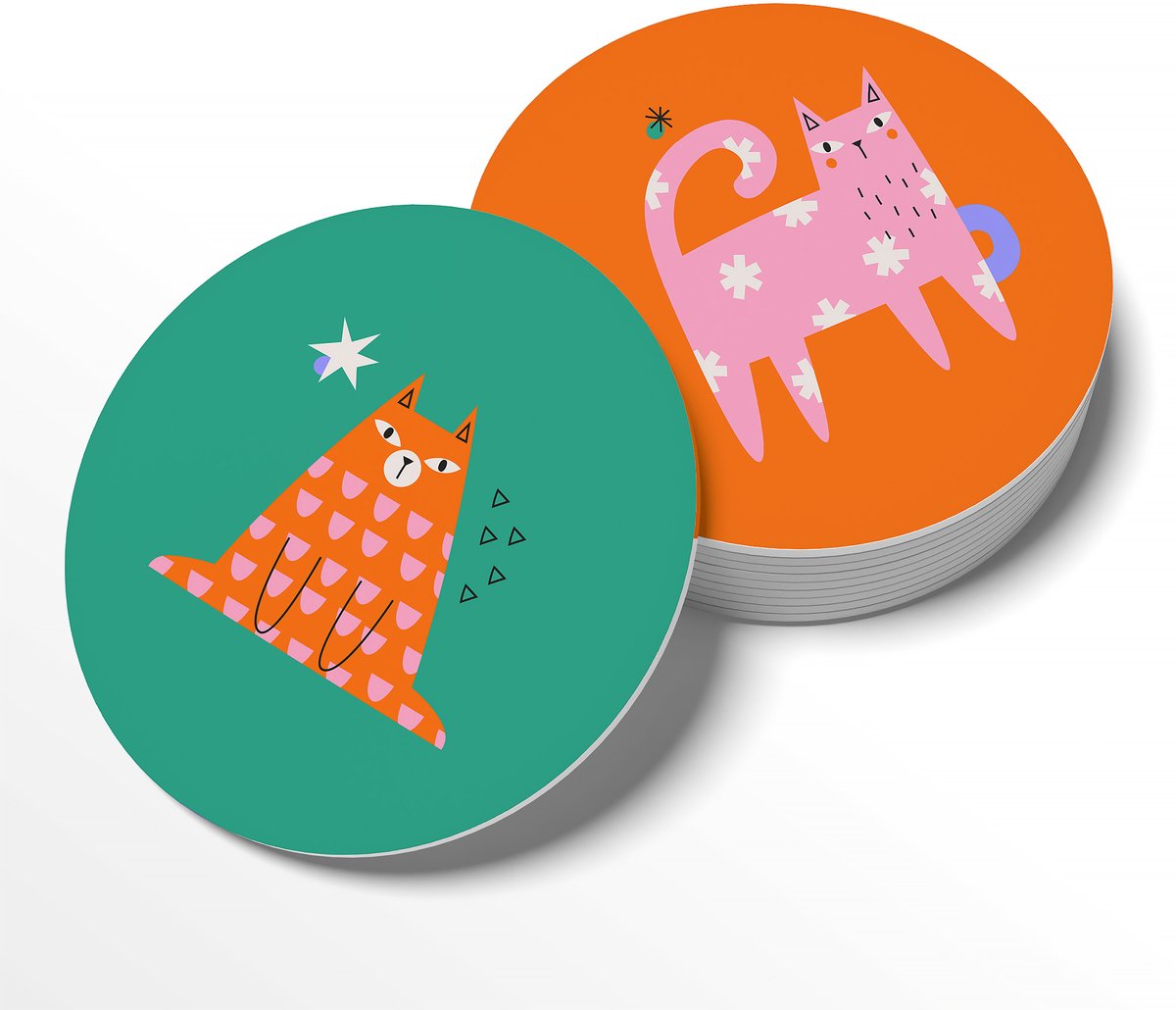 BONT | Onderzetters - 6 stuks - Katten - Coasters - Rond - Kunst - Watervast - Interieurobject - 10cm - Kunststof