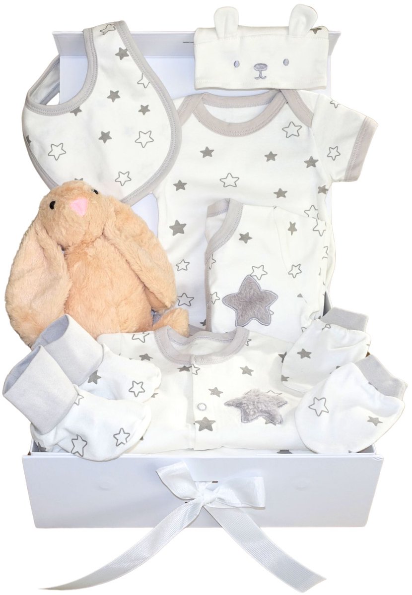 Zibbi Originals Luxe Babybox Ster – 9-delig Kraamcadeau & Babyshower Geschenk – 0-3 Maanden – Unisex Wit/Grijs – Magneet Geschenkdoos