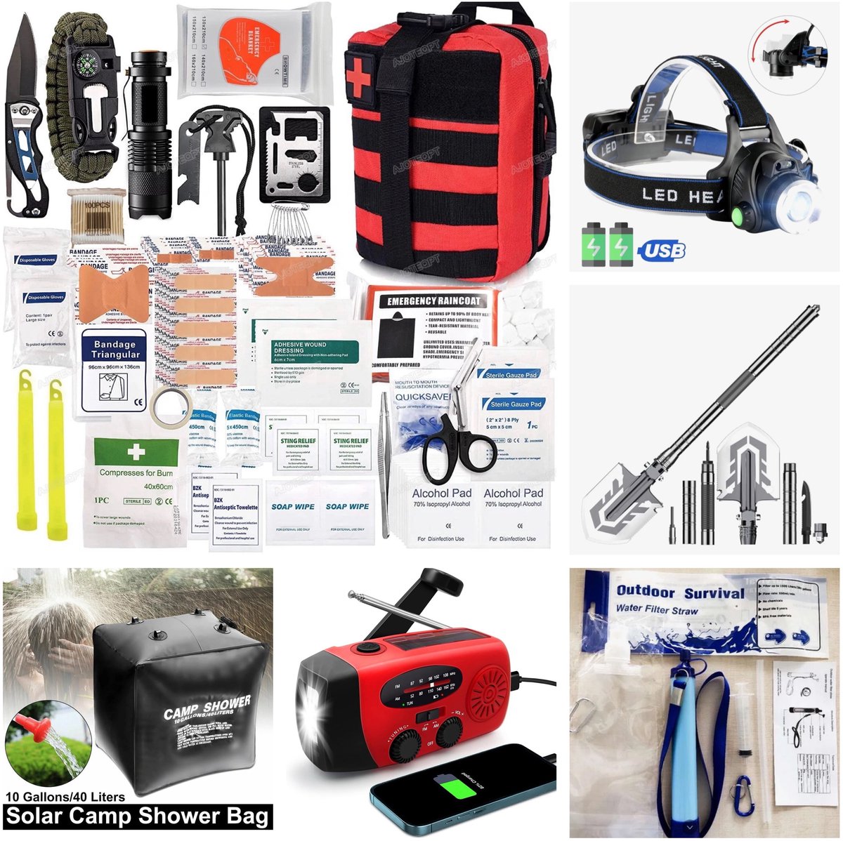 J-Trade noodpakket - overlevingspakket - survival set - combinatiepakket 6 artikelen - hoofdlamp - waterfilter - schep multifunctioneel - buitendouche - noodradio