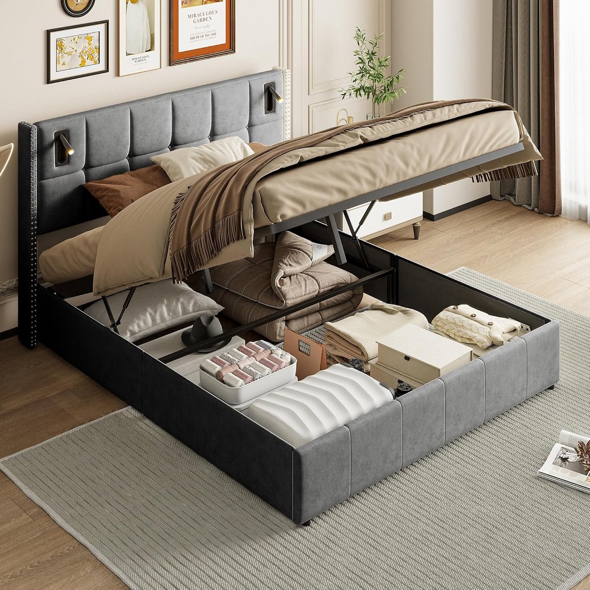 Tweepersoons Gestoffeerd Bed 160x200 Grijs Fluweel met Opbergruimte, USB en Leeslamp