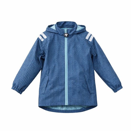 Blauw jack met visgraatpatroon, capuchon, ritssluiting en reflecterende strepen.