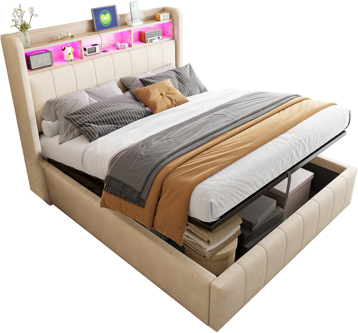 MIVRAY Gestoffeerd Bed 140x200 Cm Zonder Matras - Bed Met Ledverlichting En Usb En Type C - Met Hydraulische Opbergruimte - Linnen - Beige