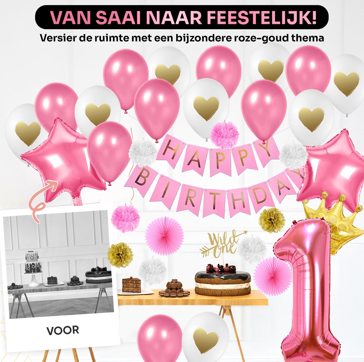 Baby’s 1e Verjaardag Versiering - Feestversiering - Happy Birthday - Feestpakket - Ballonnen - Slinger - 1 Jaar - Verjaardagsfeest - Feestartikelen - Feestdecoratie Roze — afbeelding 3