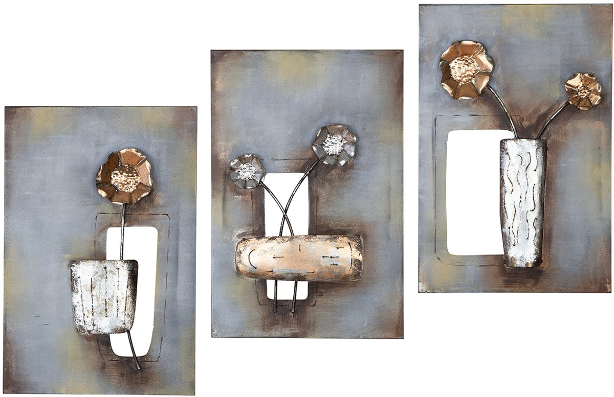 metalen schilderij bloemen 3-luik - goud zilver - set van 3 handgeschilderde metalen muurdecoratie 40x60 cm pstuk