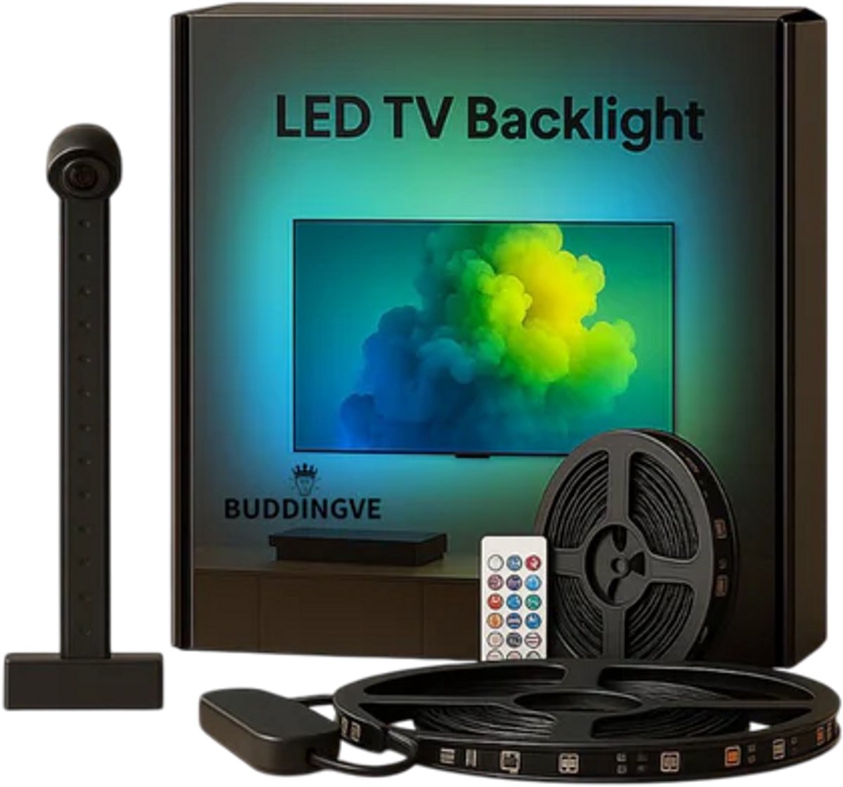 BUDDINGVE TV Backlight 55–65 inch - RGBICW LED Strip, App-bediening, Muziekmodus, Dimbaar, Slimme Achtergrondverlichting, TV LED Strip, Sfeerverlichting, Gaming, Film, Netflix, RGB, Wit Licht, Modulaire LED Strip