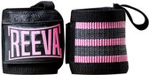 Zwarte polsbanden met roze en grijze horizontale strepen en een zwart 'REEVA' logo.