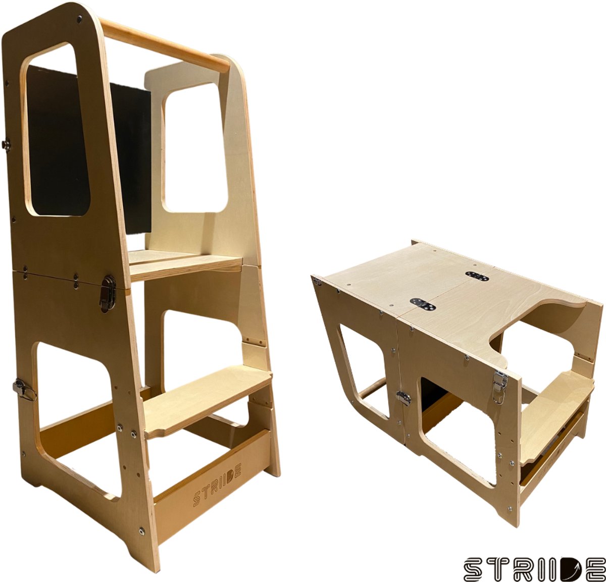 Striide Leertoren - premium leertoren + leertafel - met stoeltje - met krijtbord - uitklapbaar - speeltafel met stoel - kindertafel - in hoogte verstelbaar - natuurlijke houtlook