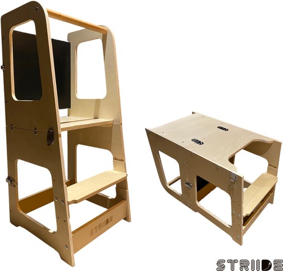 Striide Leertoren - premium leertoren + leertafel - met stoeltje - met krijtbord - uitklapbaar - speeltafel met stoel - kindertafel - in hoogte verstelbaar - natuurlijke houtlook