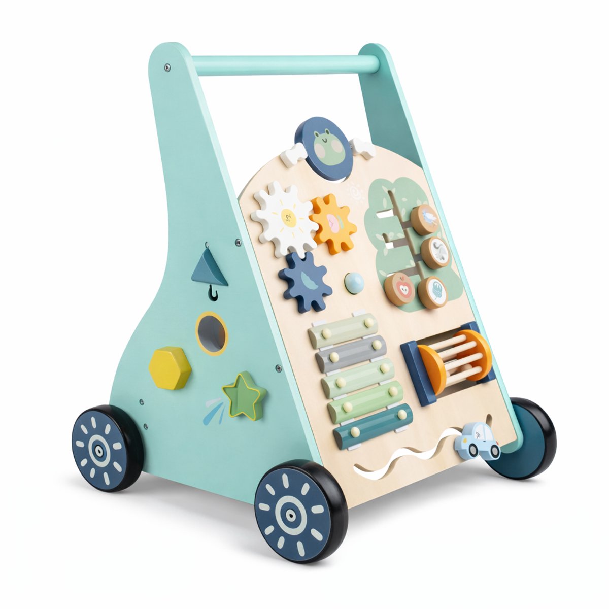 Laavir Activiteiten loopwagen - Houten Loopwagen voor Baby's - Montessori Activiteitenwagentje met Spelletjes en Klok - Mintblauw - FSC Gecertificeerd - 1 Jaar+ — afbeelding 2