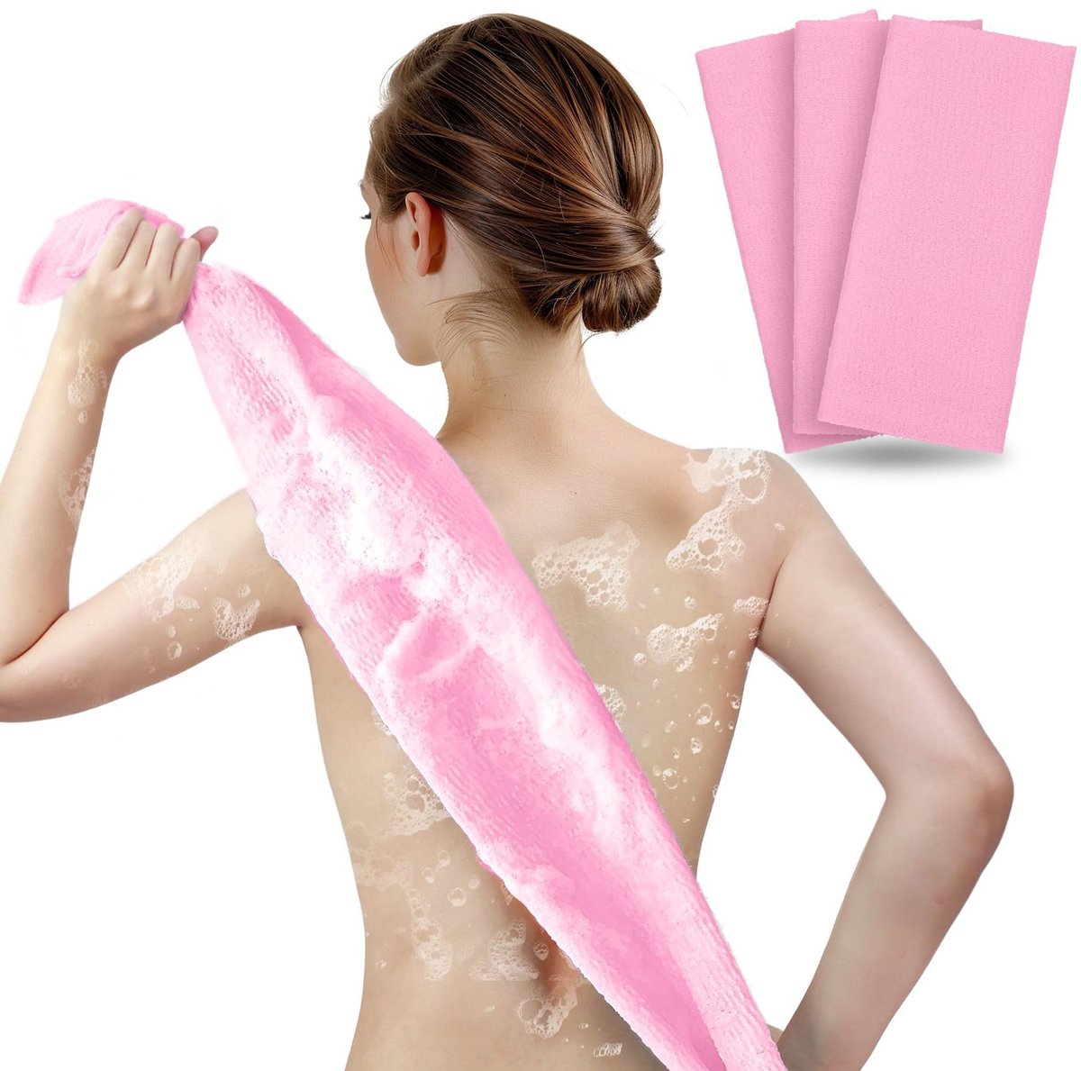 Exfoliërende handdoek-Douche rugscrub-Schoonheidsdoek-Badhanddoek-3 stuks-30*90cm-Roze