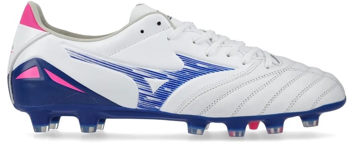 Mizuno Moralia Neo IV Pro FG voetbalschoenen in wit met blauwe en roze accenten, maat 44, van hoogwaardig leer.