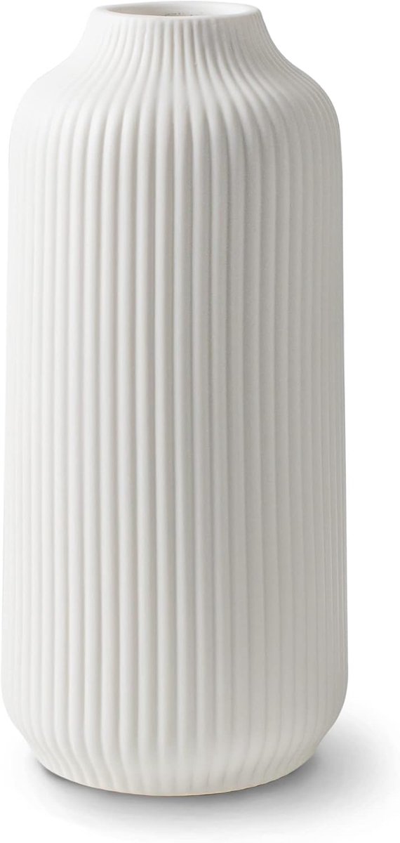 Famanu – Keramische vaas met groeven - groot - voor pampasgras als boho - decoratie - wit - mat - 25 cm hoog - voor bloemen - woondecoratie voor verse bloemen - droogbloemen - eettafel - kantoor - maat L