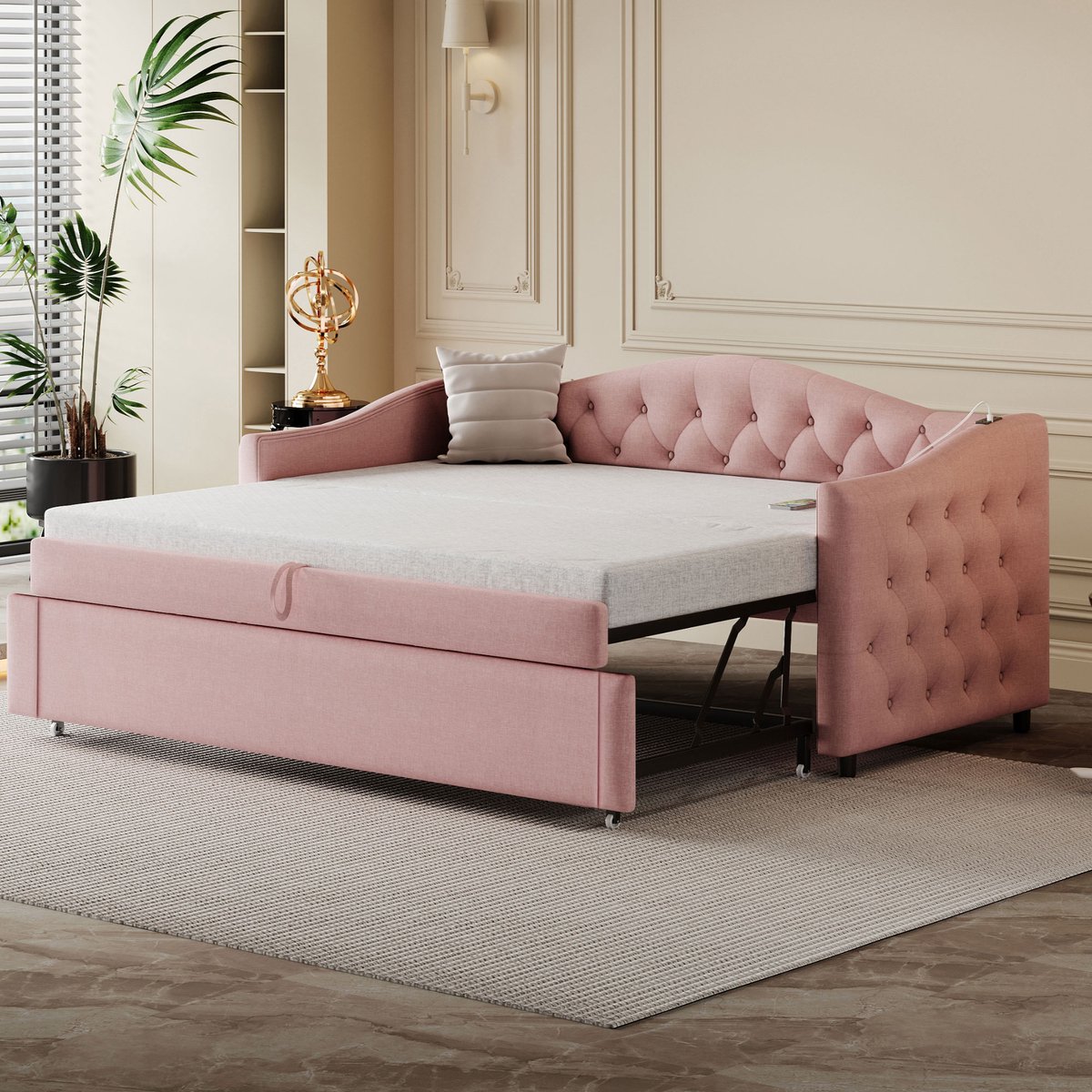 Gestoffeerd Slaapbank 90x200 - Uitschuifbaar Met USB En Knopen - Met Lattenbodem - Linnen - Roze - Zonder Matras