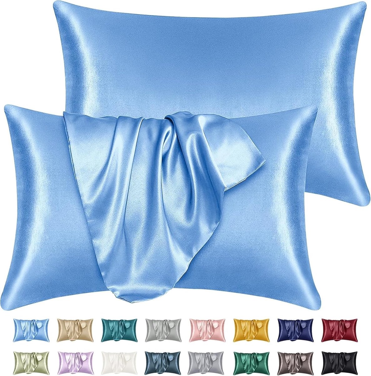 Famanu Satijnen kussenslopen Set van 2 - 50 x 75 cm - luxe hemelsblauw - beschermt haar en huid - standaardformaat met envelopsluiting – zacht en glanzend
