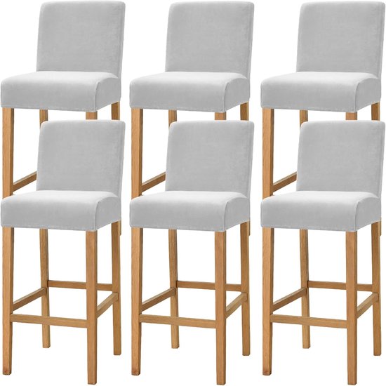 Zesdelige set fluwelen barkrukhoezen met hoge elasticiteit - geschikt voor barkrukken - bars - eetkamerstoelen - cafés en barbanken. Voorzien van een elastische onderkant - antislipontwerp en een lichtgrijze kleur.
