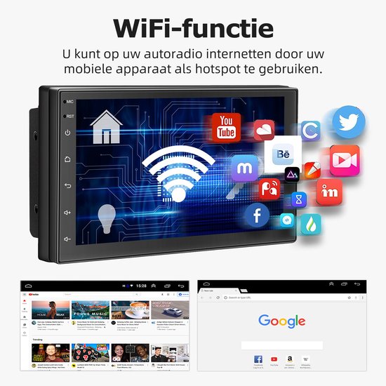 Autoradio met WiFi-functie en streaming-apps zoals YouTube, Twitter, Facebook en meer.