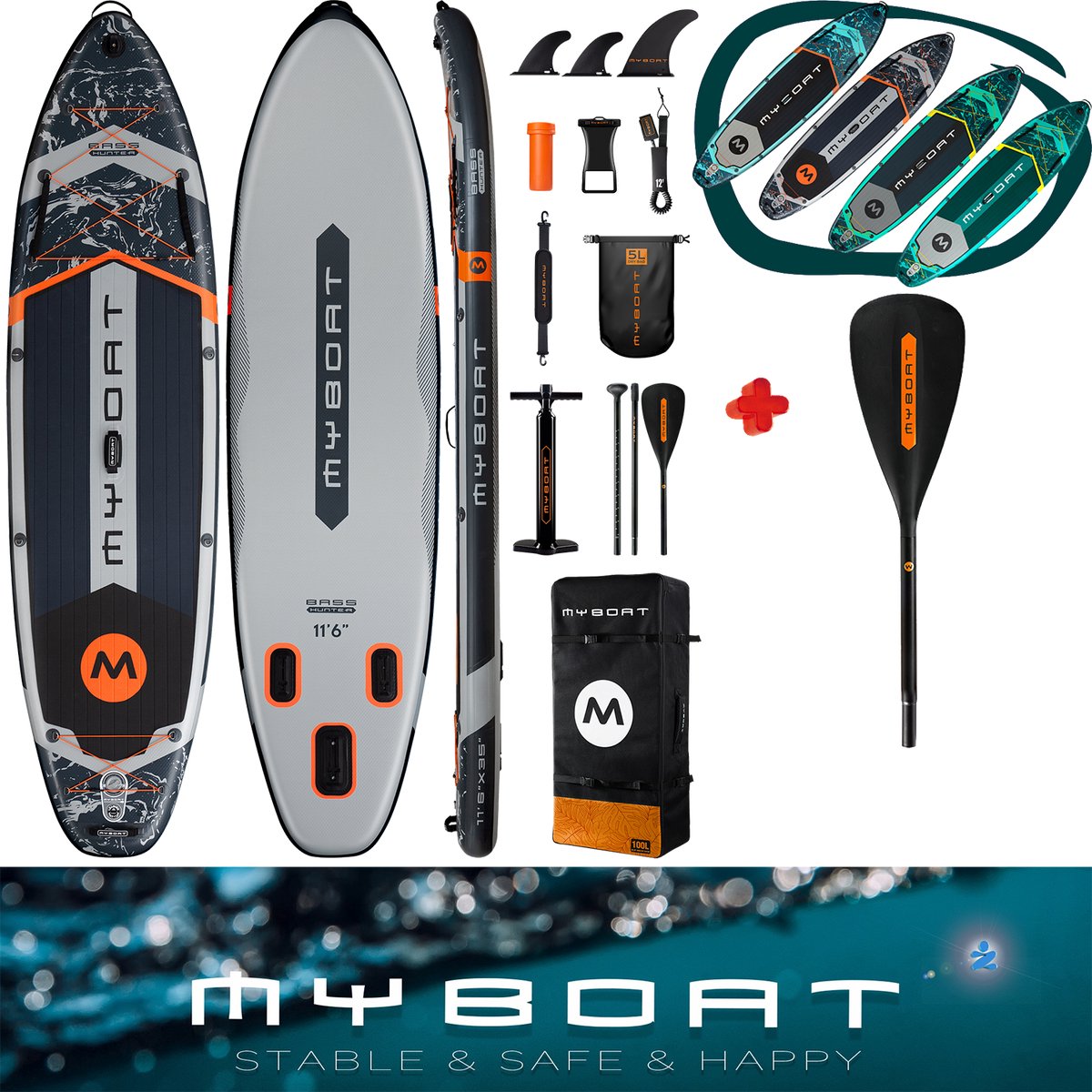 Ultra Licht & Stabiel MyBoat Bass Hunter Boord voor 2 personen | Extra Breed Opblaasbaar 350cm Stand Up Sup Paddle Board | Sterke enkelvoudige of dubbel peddel blad te koppelen kajak/kano paddel beide zijden paddelen | 3 Vinnen | Pomp