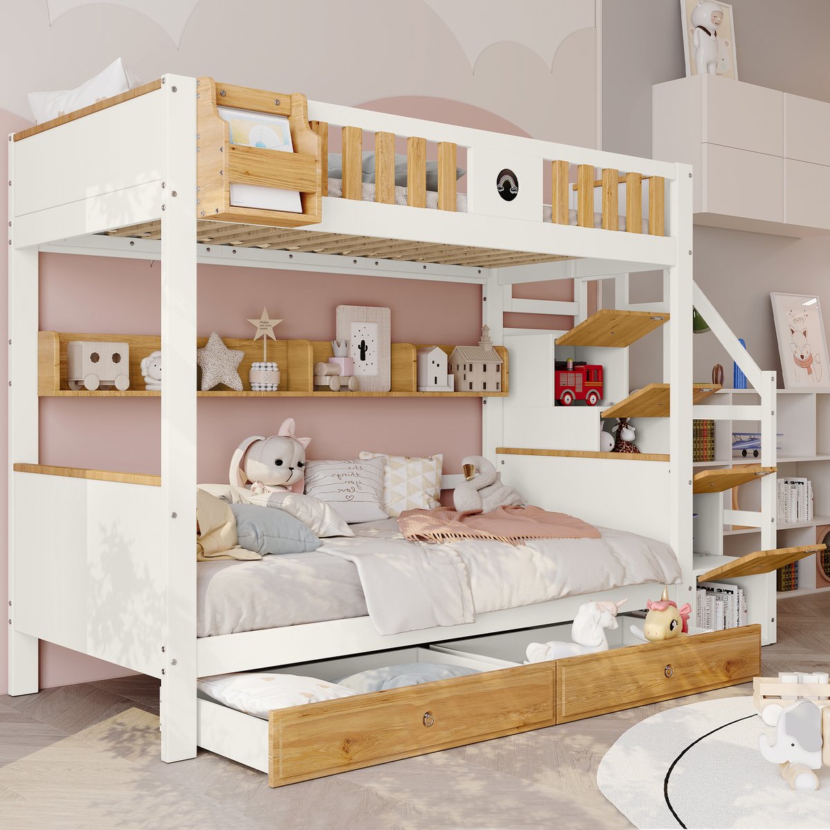 OKWISH Stapelbed 90x200 cm – Met Opbergtrap En 4 Opbergkasten – Valbeveiliging – 2 Lades En Open Rek – Hout En MDF – Zonder Matras – Wit Naturel