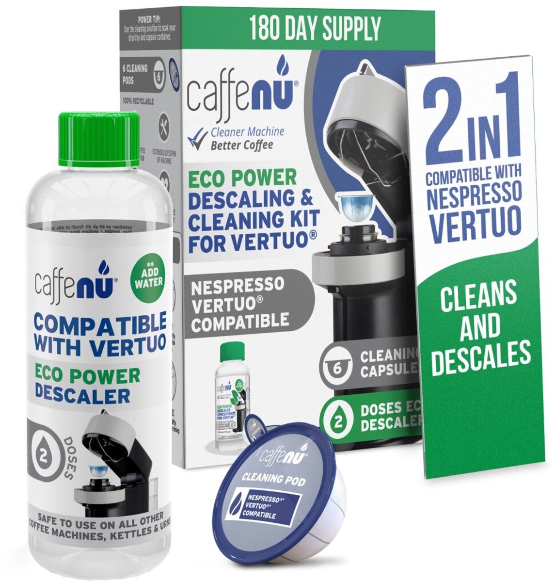 Caffenu Onderhoudsset Koffiemachine Reiniger & Ontkalker voor Nespresso Vertuo - Ontkalker 200 ml (2 Doseringen) + 6 Reinigingscups - Ontkalkingsset - Zorgt voor Warmere Koffie, Betere Smaak en Langere Levensduur Koffiezetapparaat